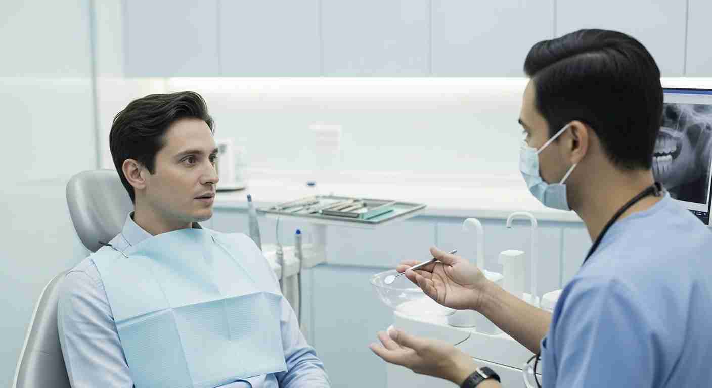 Patient visiting dentist for tooth infection treatment in a clinical setting.